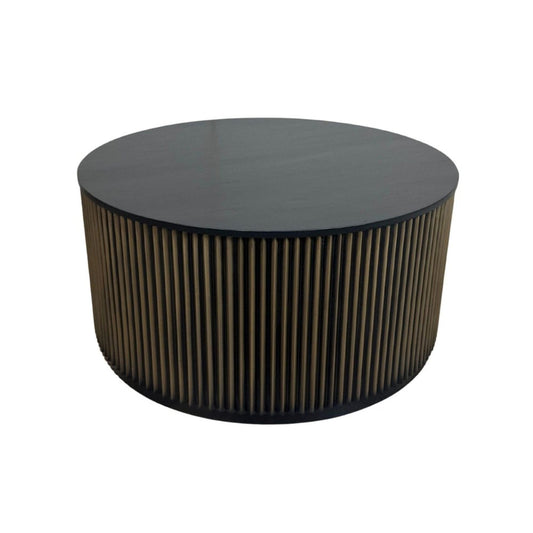 36" Black and Brass Solid Wood and Aluminum Round Solid Drum Coffee Table