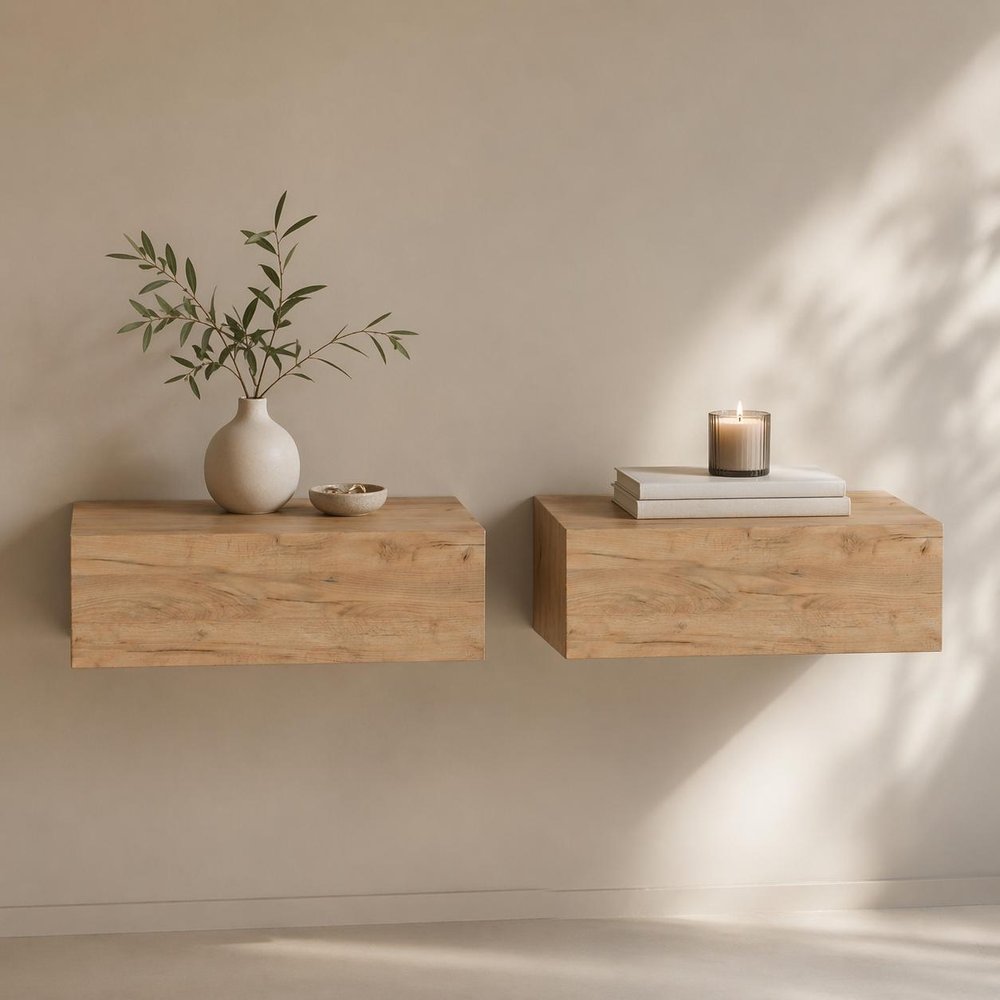Set of Two 16" Oak Wood One Drawer Floating Nightstand — view 3