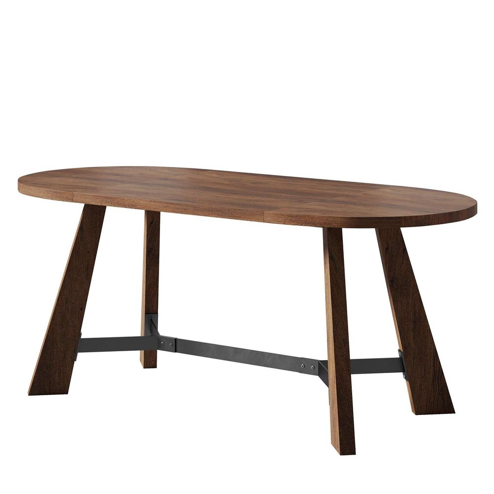 71" Brown and Black Wood Trestle Base Oval Dining Table — view 3