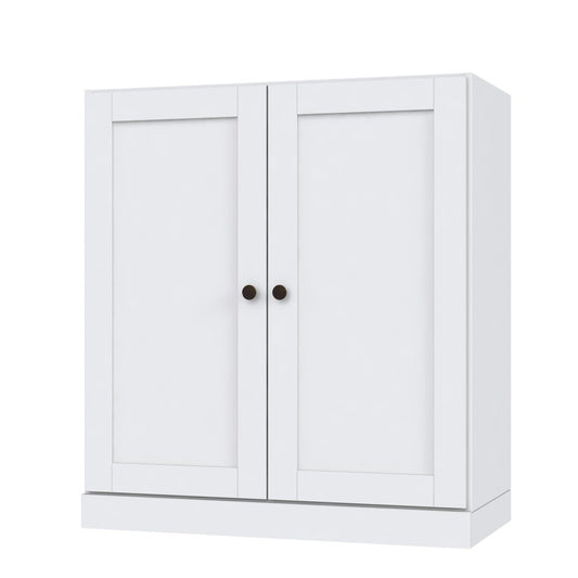 36" White Solid Wood Adjustable Three Tier Library Bookcase with Two Doors