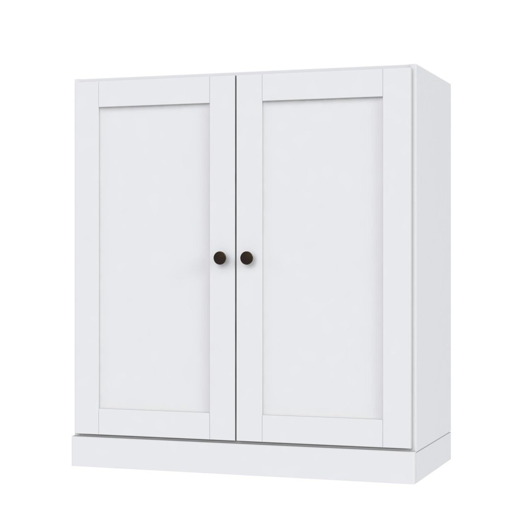 36" White Solid Wood Adjustable Three Tier Library Bookcase with Two Doors — view 1