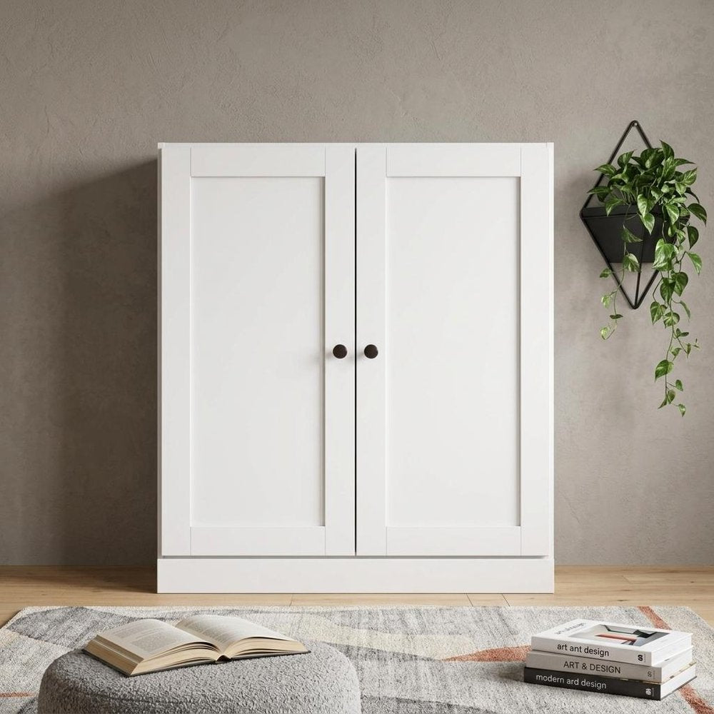 36" White Solid Wood Adjustable Three Tier Library Bookcase with Two Doors HomeRoots