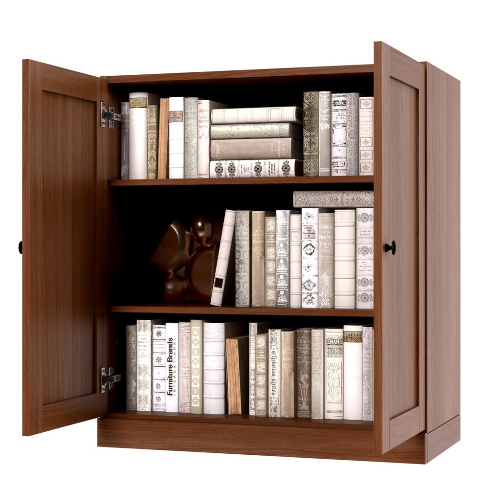 36" Coffee Solid Wood Adjustable Three Tier Library Bookcase with Two Doors