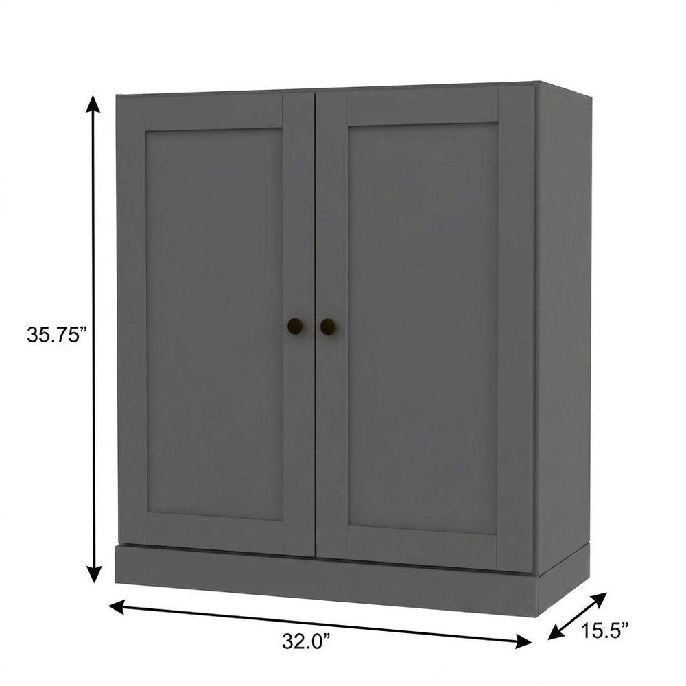 36" Gray Solid Wood Adjustable Three Tier Library Bookcase with Two Doors HomeRoots