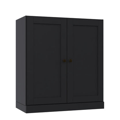 36" Black Solid Wood Adjustable Three Tier Library Bookcase with Two Doors HomeRoots