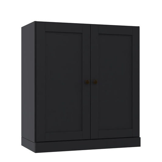 36" Black Solid Wood Adjustable Three Tier Library Bookcase with Two Doors