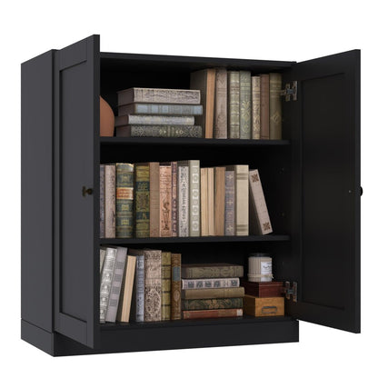 36" Black Solid Wood Adjustable Three Tier Library Bookcase with Two Doors