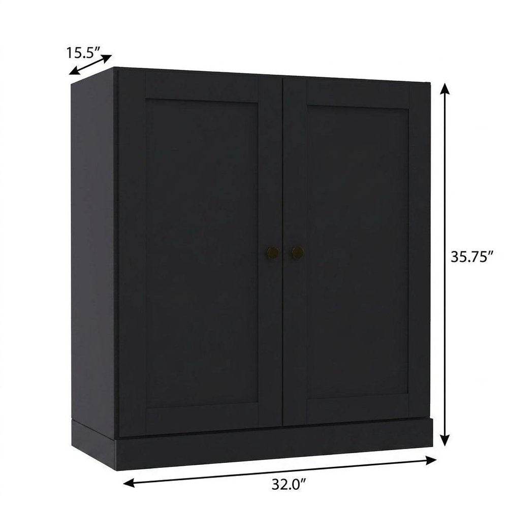 36" Black Solid Wood Adjustable Three Tier Library Bookcase with Two Doors HomeRoots