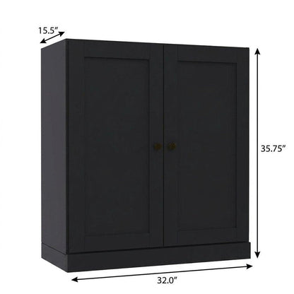 36" Black Solid Wood Adjustable Three Tier Library Bookcase with Two Doors HomeRoots