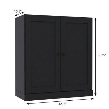36" Black Solid Wood Adjustable Three Tier Library Bookcase with Two Doors
