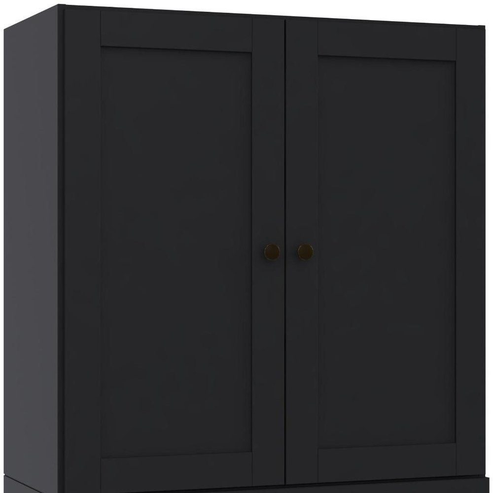 36" Black Solid Wood Adjustable Three Tier Library Bookcase with Two Doors — view 3