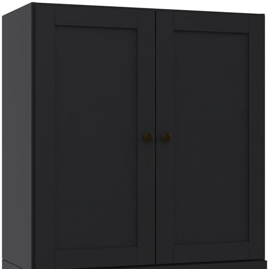 36" Black Solid Wood Adjustable Three Tier Library Bookcase with Two Doors