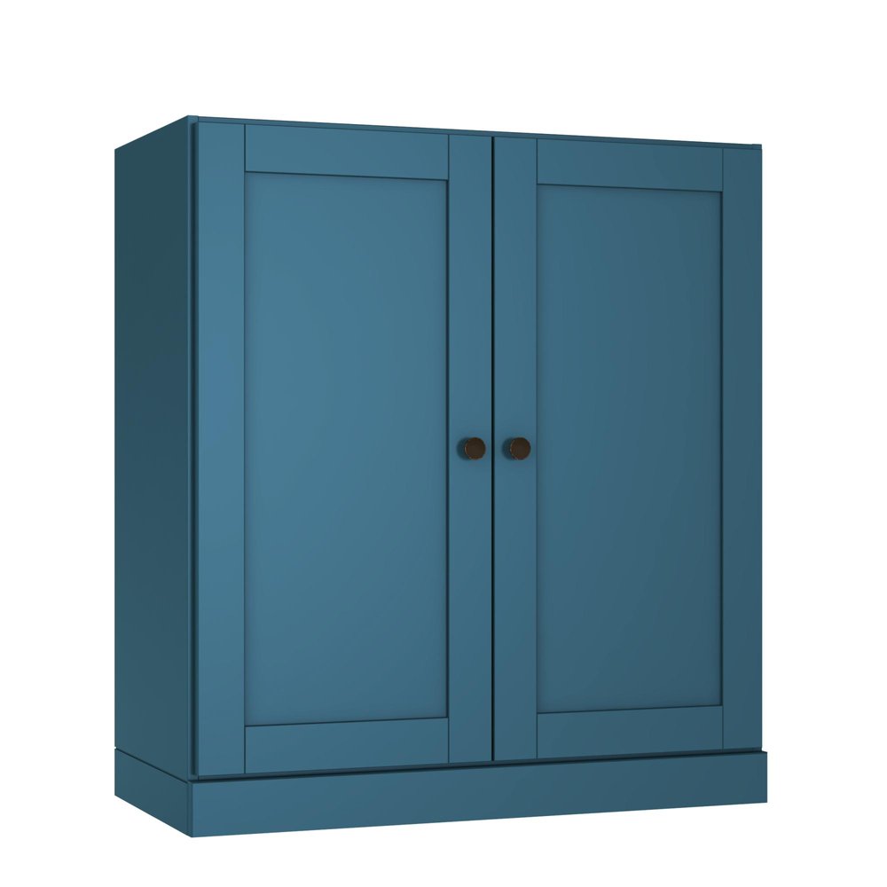 36" Teal Blue Solid Wood Adjustable Three Tier Library Bookcase with Two Doors HomeRoots