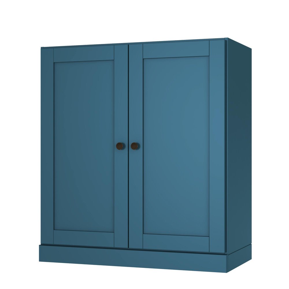 36" Teal Blue Solid Wood Adjustable Three Tier Library Bookcase with Two Doors HomeRoots