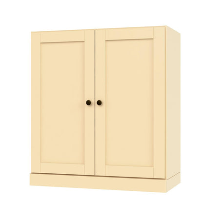 36" Yellow Solid Wood Adjustable Three Tier Library Bookcase with Two Doors HomeRoots