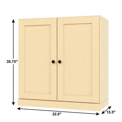 36" Yellow Solid Wood Adjustable Three Tier Library Bookcase with Two Doors HomeRoots