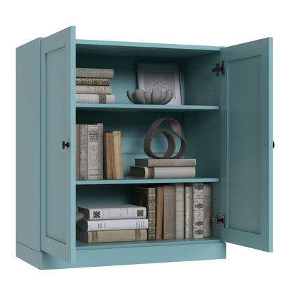 36" Aqua Solid Wood Adjustable Three Tier Library Bookcase with Two Doors