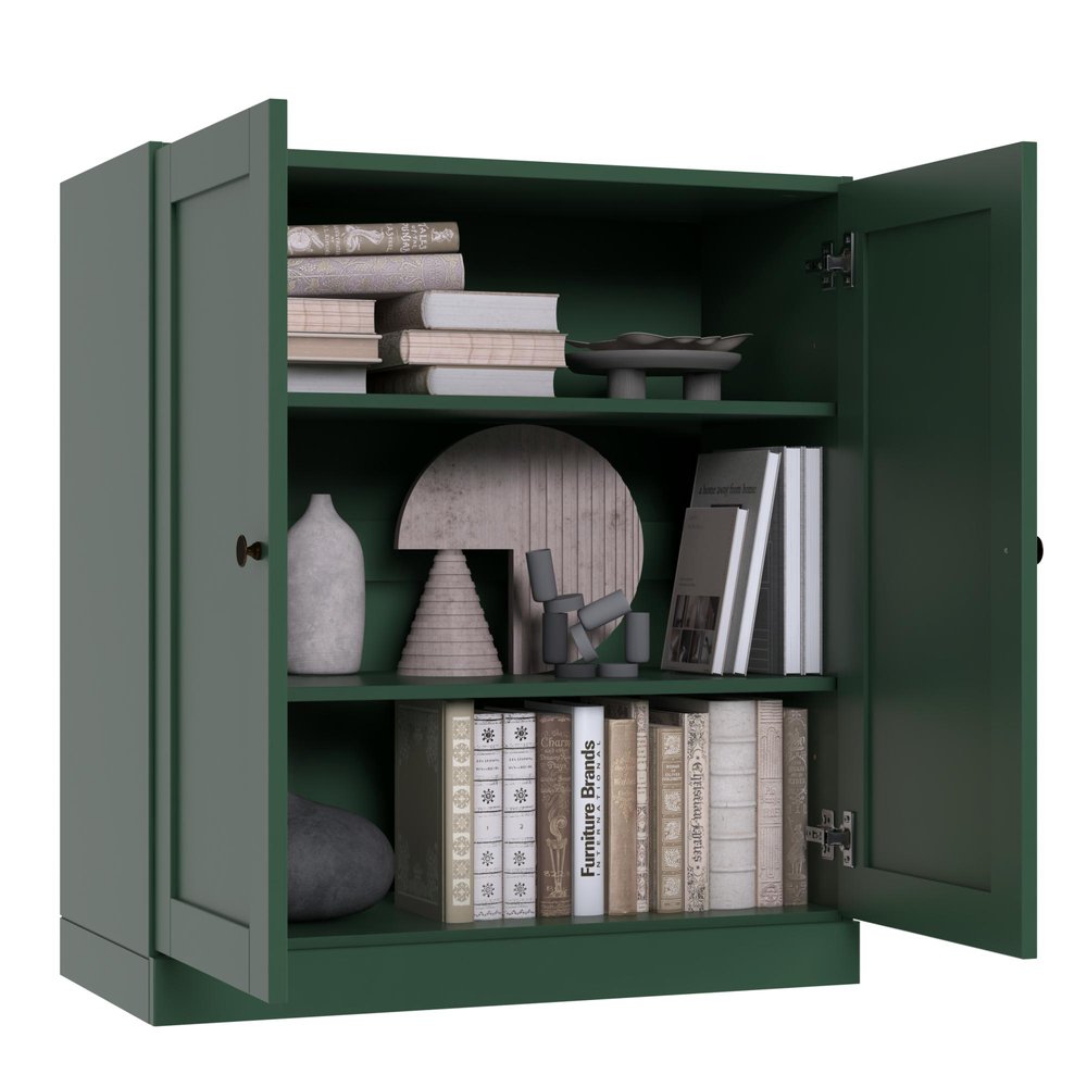 36" Green Solid Wood Adjustable Three Tier Library Bookcase with Two Doors — view 2