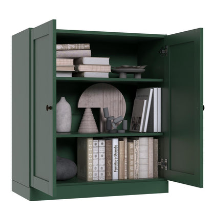 36" Green Solid Wood Adjustable Three Tier Library Bookcase with Two Doors