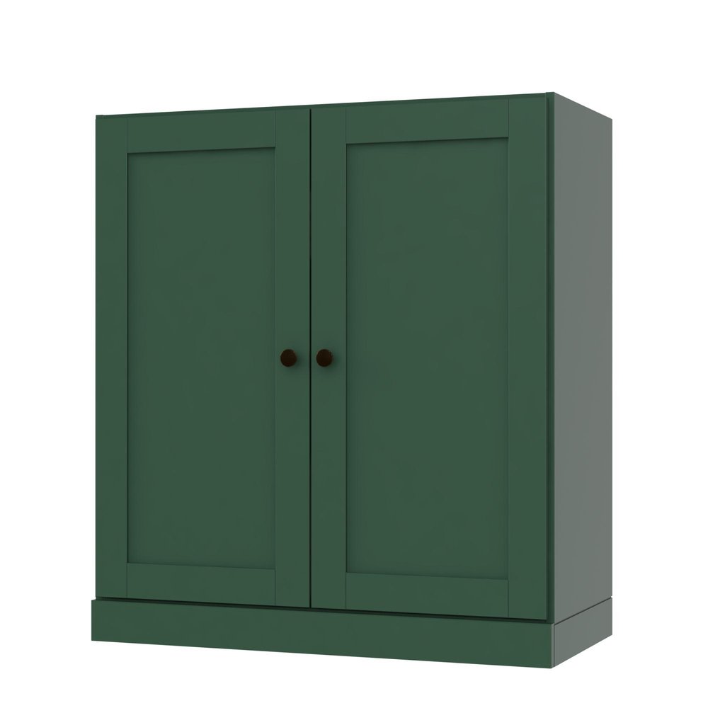 36" Green Solid Wood Adjustable Three Tier Library Bookcase with Two Doors HomeRoots