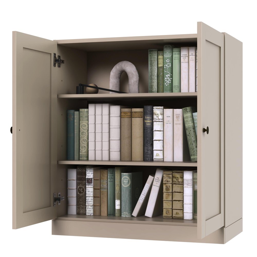 36" Beige Solid Wood Adjustable Three Tier Library Bookcase with Two Doors — view 2