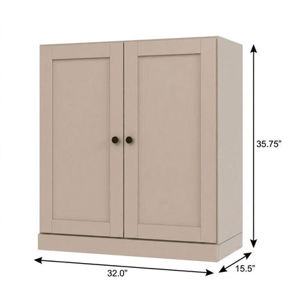 36" Beige Solid Wood Adjustable Three Tier Library Bookcase with Two Doors HomeRoots