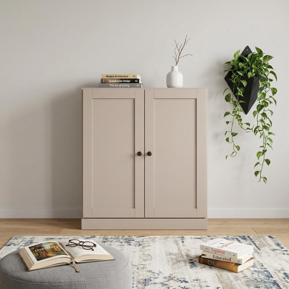 36" Beige Solid Wood Adjustable Three Tier Library Bookcase with Two Doors HomeRoots