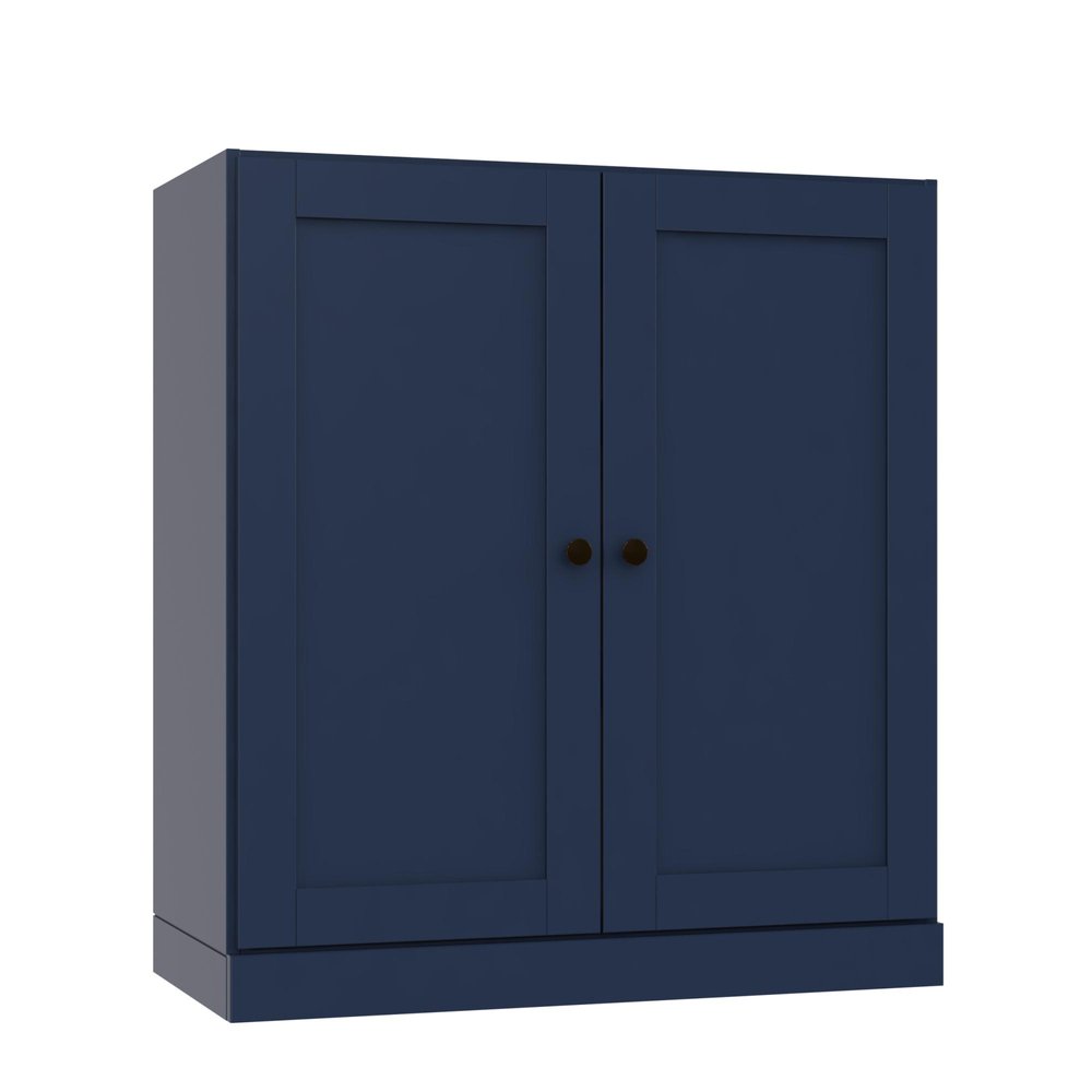 36" Navy Blue Solid Wood Adjustable Three Tier Library Bookcase with Two Doors — view 1