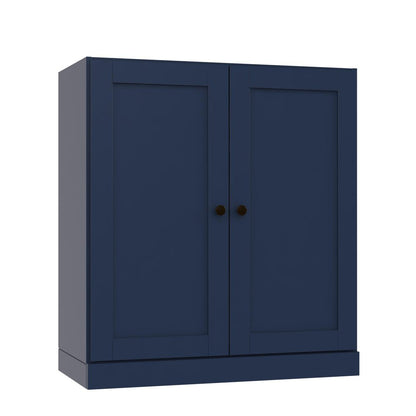 36" Navy Blue Solid Wood Adjustable Three Tier Library Bookcase with Two Doors HomeRoots