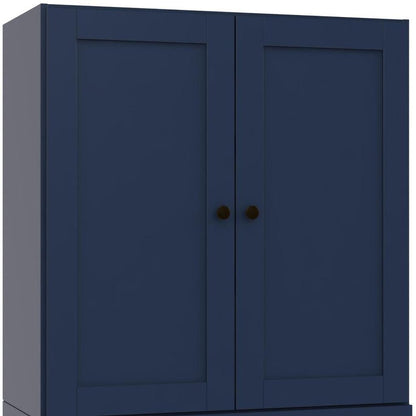 36" Navy Blue Solid Wood Adjustable Three Tier Library Bookcase with Two Doors HomeRoots