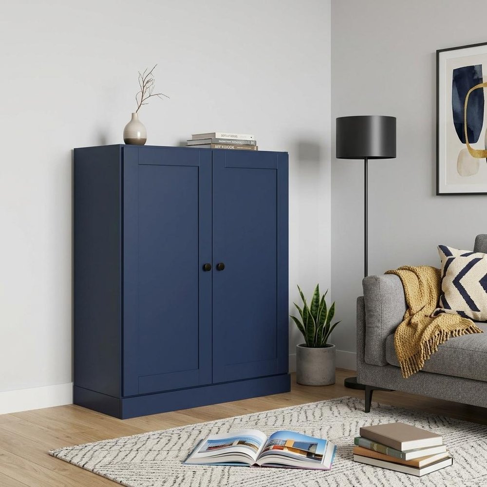 36" Navy Blue Solid Wood Adjustable Three Tier Library Bookcase with Two Doors — view 5