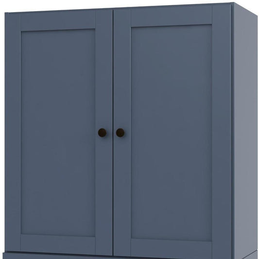36" French Blue Solid Wood Adjustable Three Tier Library Bookcase with Two Doors