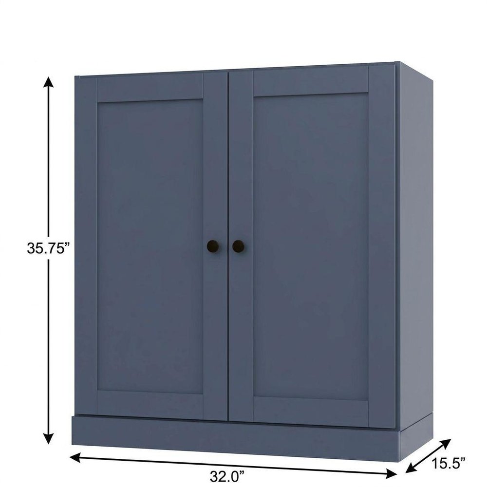 36" French Blue Solid Wood Adjustable Three Tier Library Bookcase with Two Doors — view 4