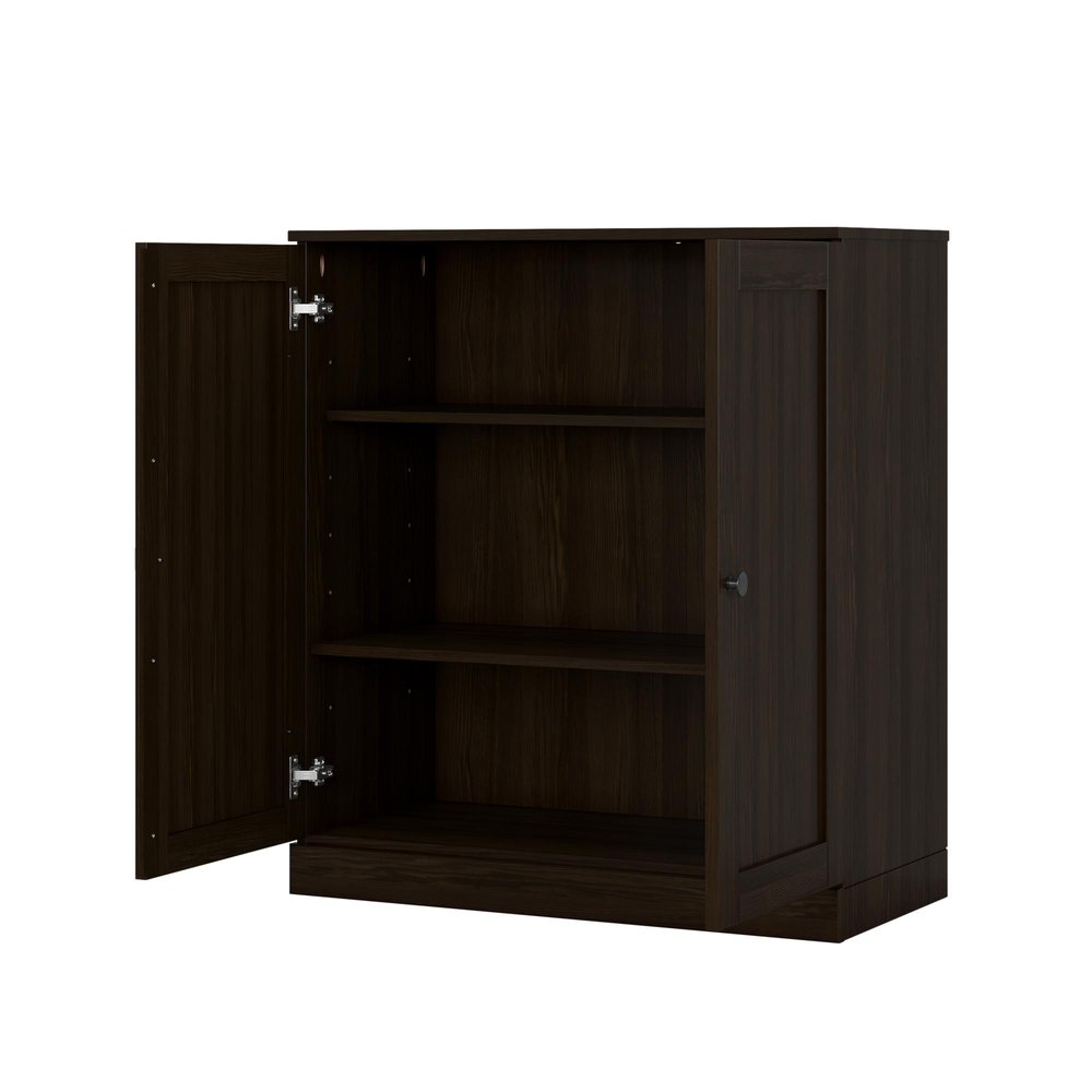 36" Espresso Solid Wood Adjustable Three Tier Library Bookcase with Two Doors HomeRoots