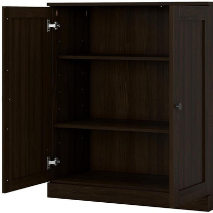 36" Espresso Solid Wood Adjustable Three Tier Library Bookcase with Two Doors