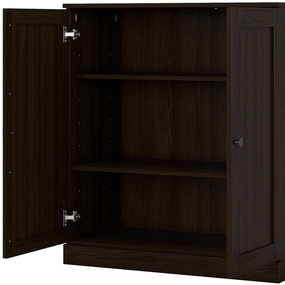36" Espresso Solid Wood Adjustable Three Tier Library Bookcase with Two Doors — view 3
