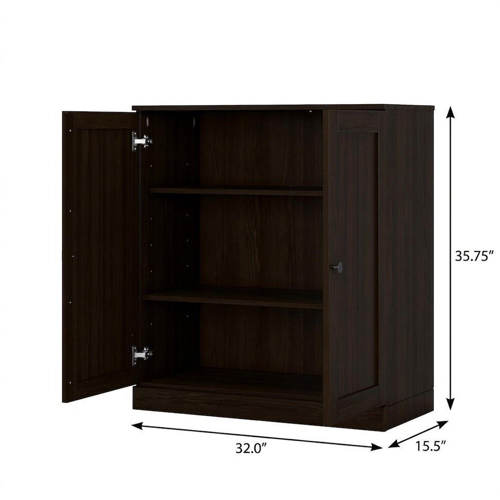 36" Espresso Solid Wood Adjustable Three Tier Library Bookcase with Two Doors — view 5