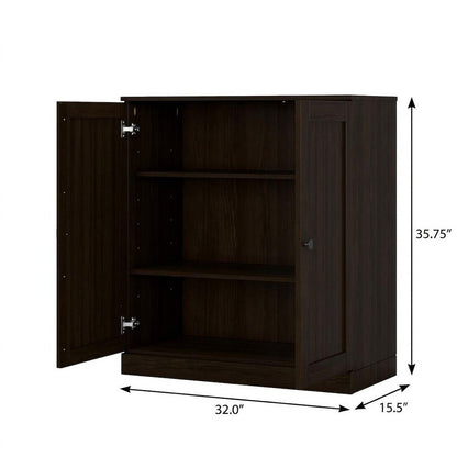 36" Espresso Solid Wood Adjustable Three Tier Library Bookcase with Two Doors