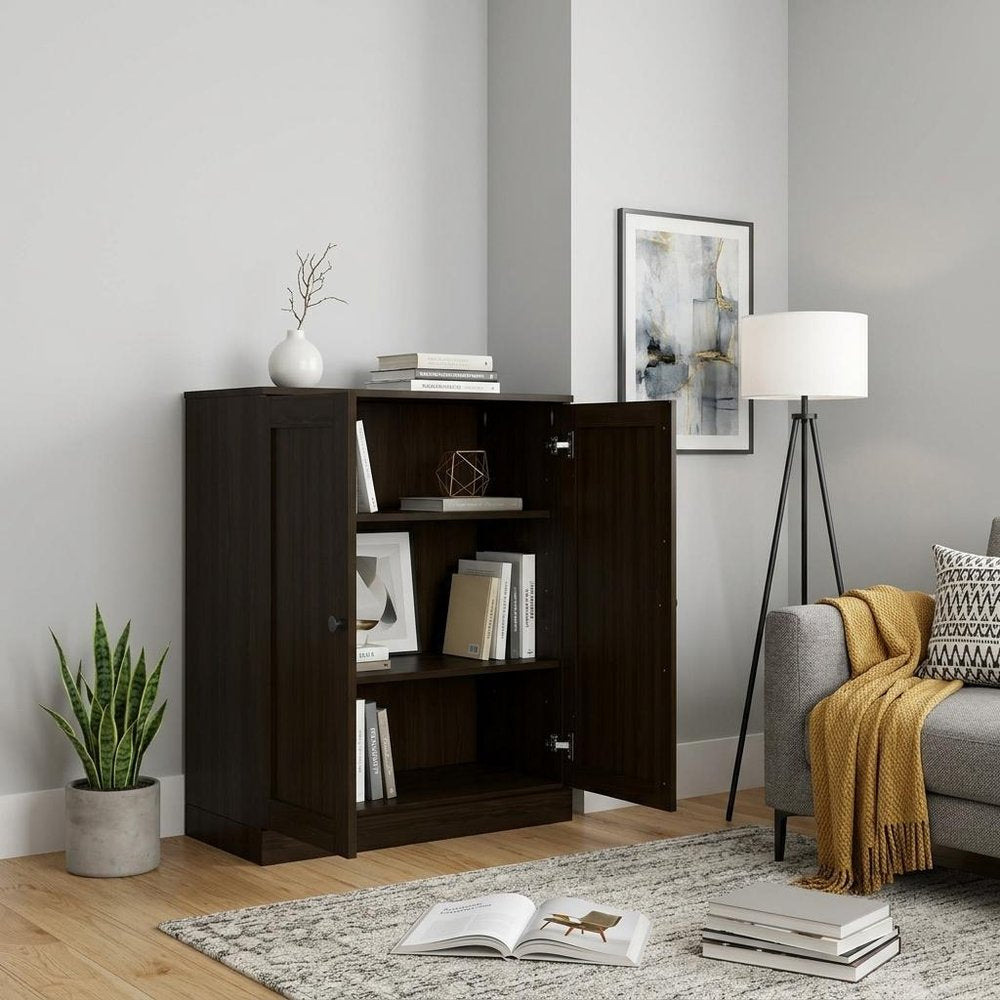36" Espresso Solid Wood Adjustable Three Tier Library Bookcase with Two Doors — view 6