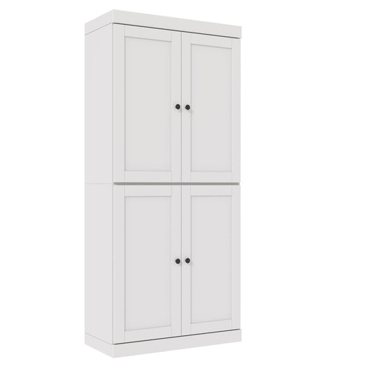72" White Solid Wood Adjustable Six Tier Library Bookcase with Four Doors