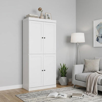 72" White Solid Wood Adjustable Six Tier Library Bookcase with Four Doors HomeRoots