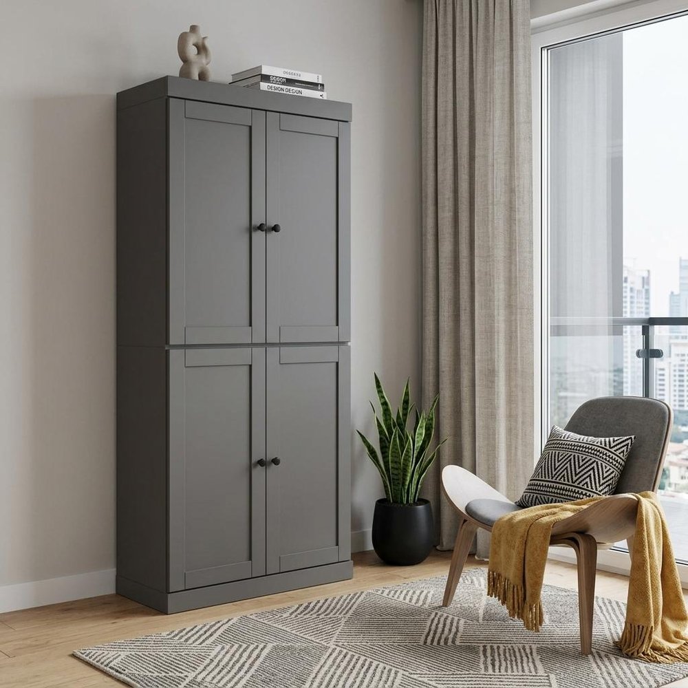 72" Gray Solid Wood Adjustable Six Tier Library Bookcase with Four Doors HomeRoots