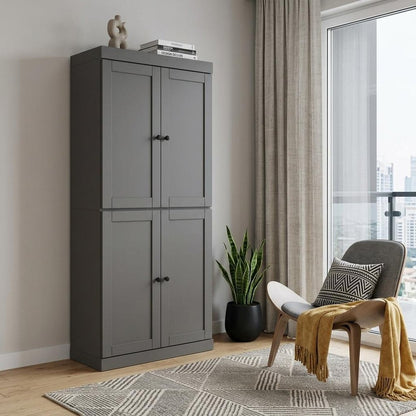 72" Gray Solid Wood Adjustable Six Tier Library Bookcase with Four Doors