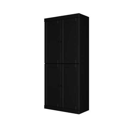 72" Black Solid Wood Adjustable Six Tier Library Bookcase with Four Doors HomeRoots