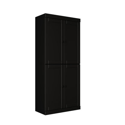 72" Black Solid Wood Adjustable Six Tier Library Bookcase with Four Doors