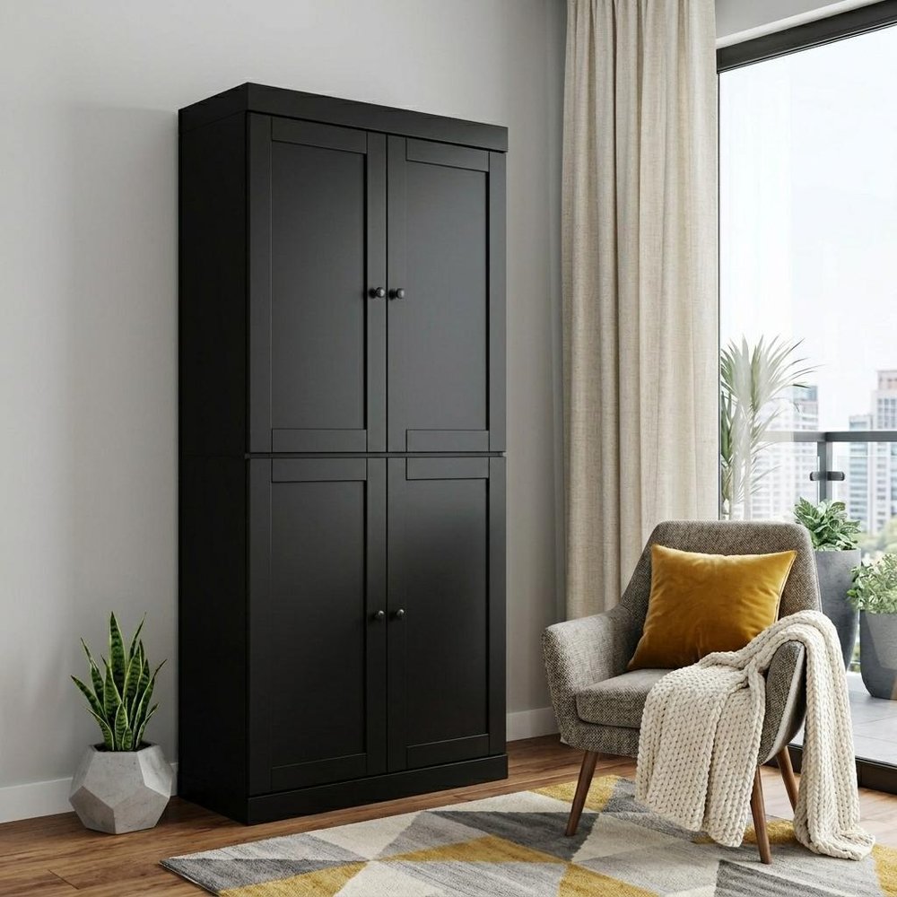 72" Black Solid Wood Adjustable Six Tier Library Bookcase with Four Doors HomeRoots