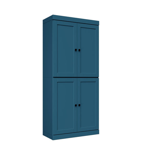 72" Teal Blue Solid Wood Adjustable Six Tier Library Bookcase with Four Doors
