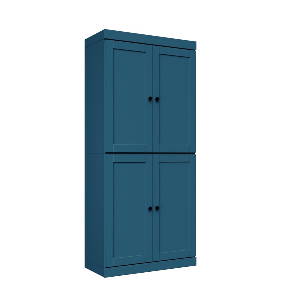 72" Teal Blue Solid Wood Adjustable Six Tier Library Bookcase with Four Doors HomeRoots