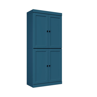 72" Teal Blue Solid Wood Adjustable Six Tier Library Bookcase with Four Doors HomeRoots