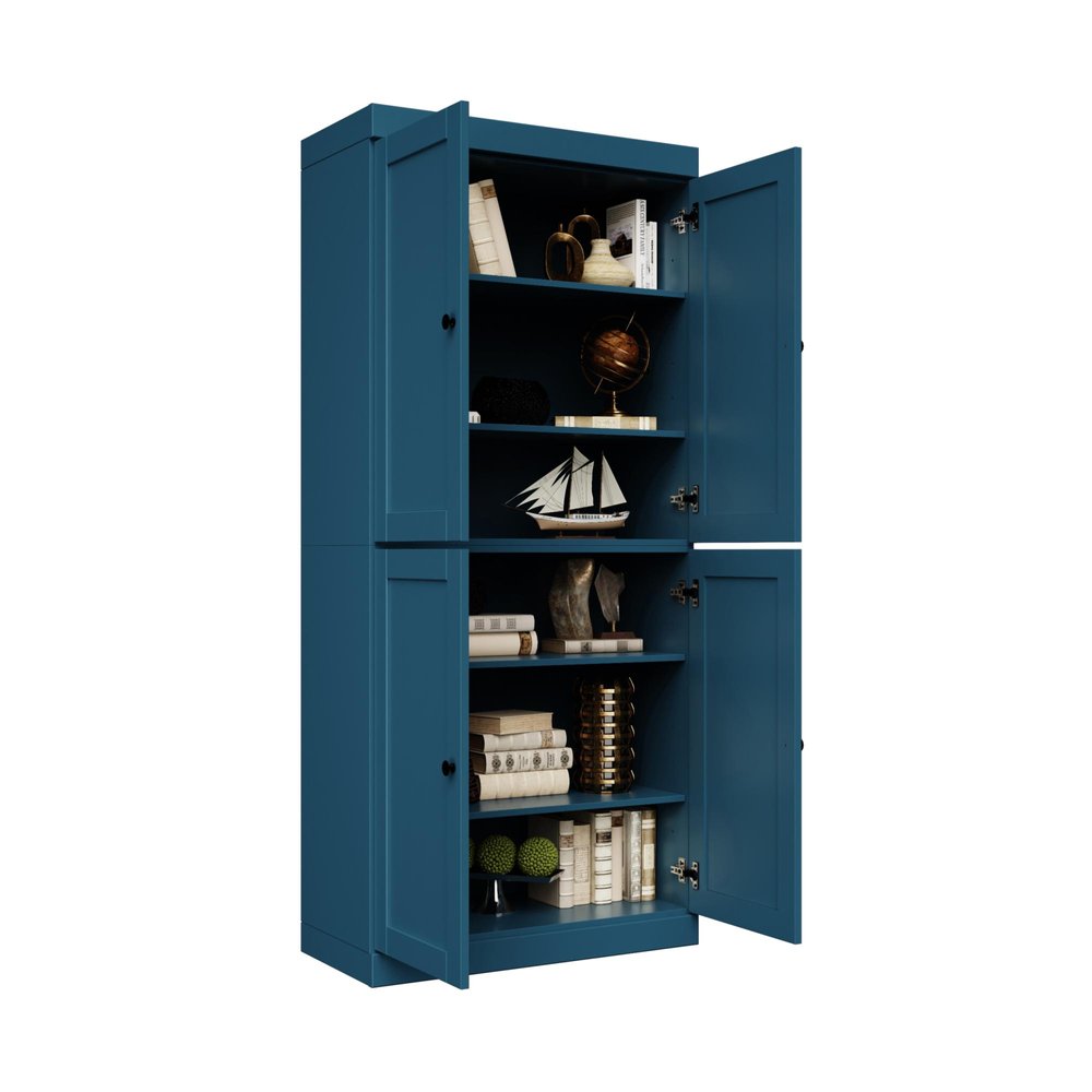 72" Teal Blue Solid Wood Adjustable Six Tier Library Bookcase with Four Doors